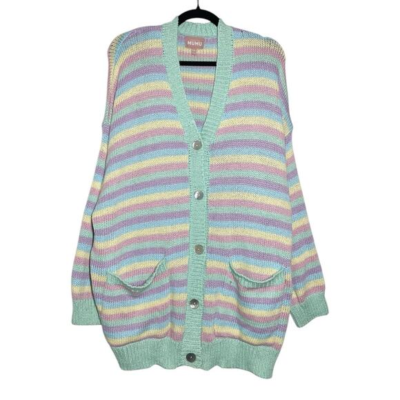 Show Me Your Mumu Pastel Stripe Nineties Knit Relaxed Cardigan Sweater XXL - Picture 1 of 14